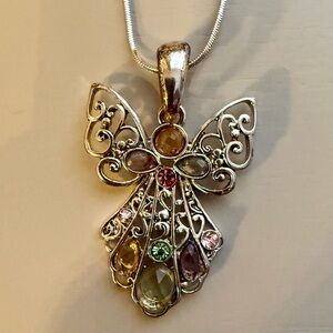 Guardian Angel Fairy Whimsical Silver Gem Pendant Necklace Rainbow Spiritual